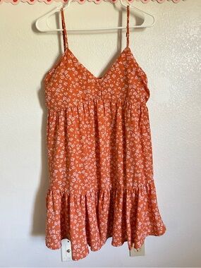 Rust Orange Floral V-Neck Babydoll Dress by New In
